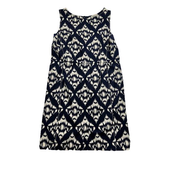 Talbots Womens Dress 14 P Blue Cream Ikat Print Lined Sleeveless Sheath Stretch - Picture 11 of 12